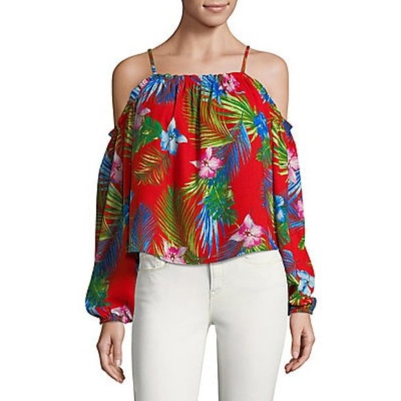 NWT Design Lab Floral Print Cold Shoulder Blouse - Picture 1 of 5